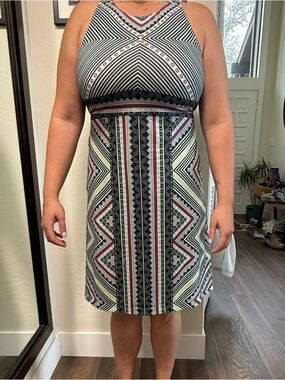 Prana Geometric Black, White & Maroon Sleeveless Dress
